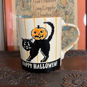 Black Cat Jack-o-Lantern Halloween Mug Orange Stripes Whimsical Halloween Decor
